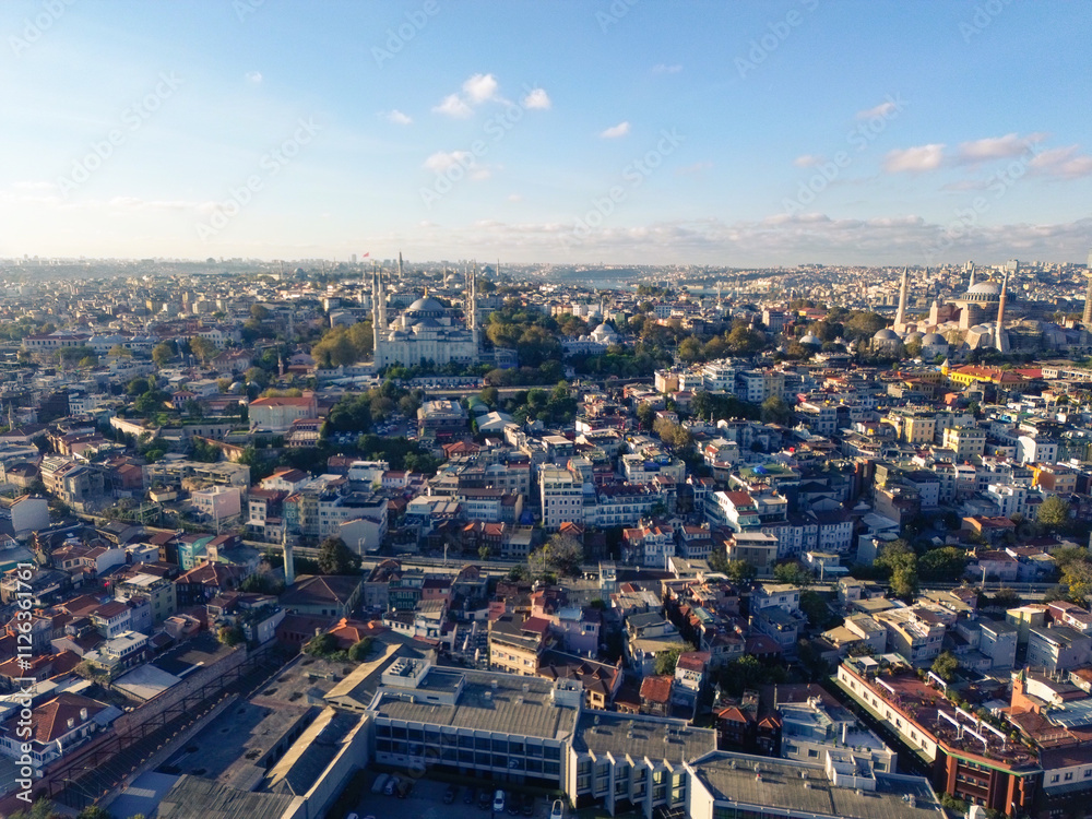 Obraz premium Aerial view of Blue Mosque, Hagia Sophia, Golden Horn and the Bosphorus, Istanbul, Turkey