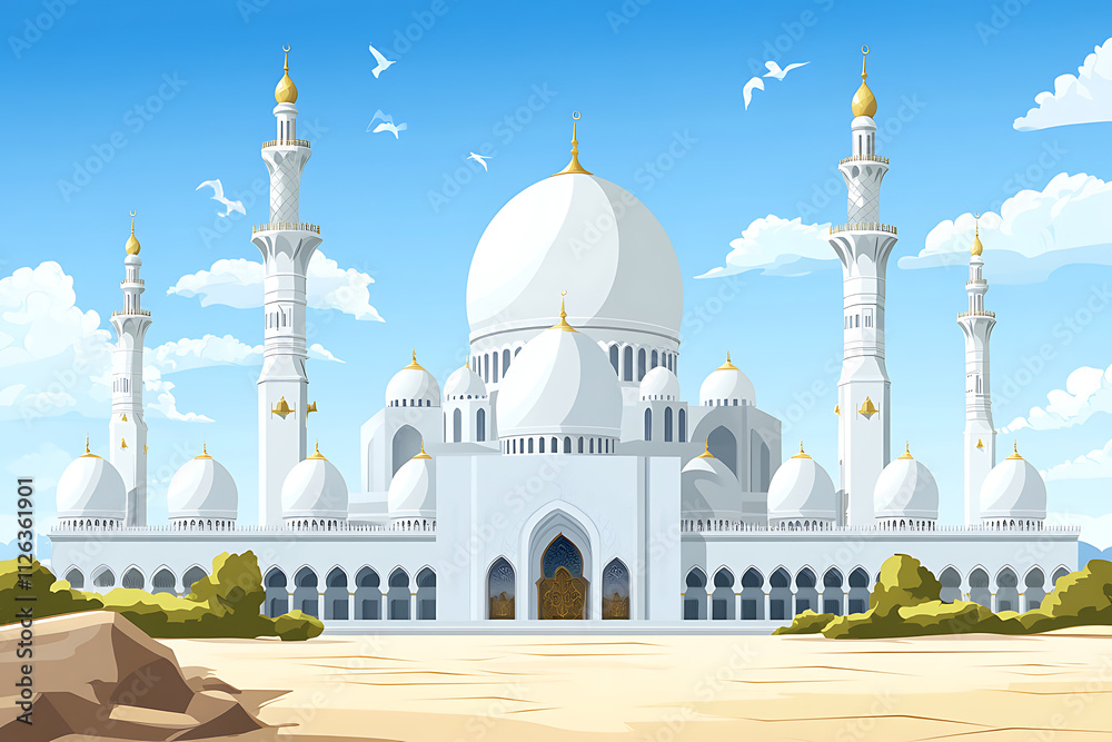 Fototapeta premium A grand white mosque with domes and minarets set against a blue sky.