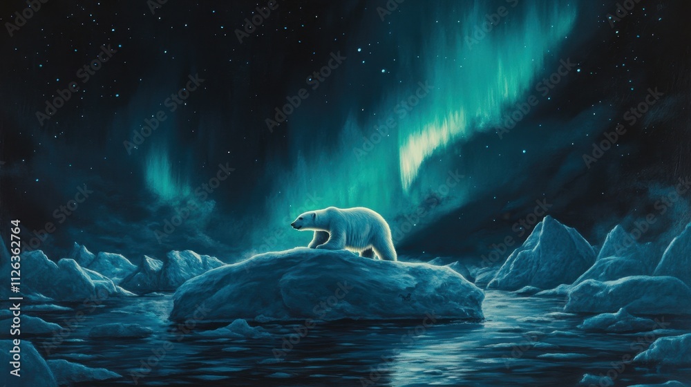 Obraz premium A solitary polar bear atop an ice floe, bathed in the magical glow of the Northern Lights, highlighting its Arctic habitat.