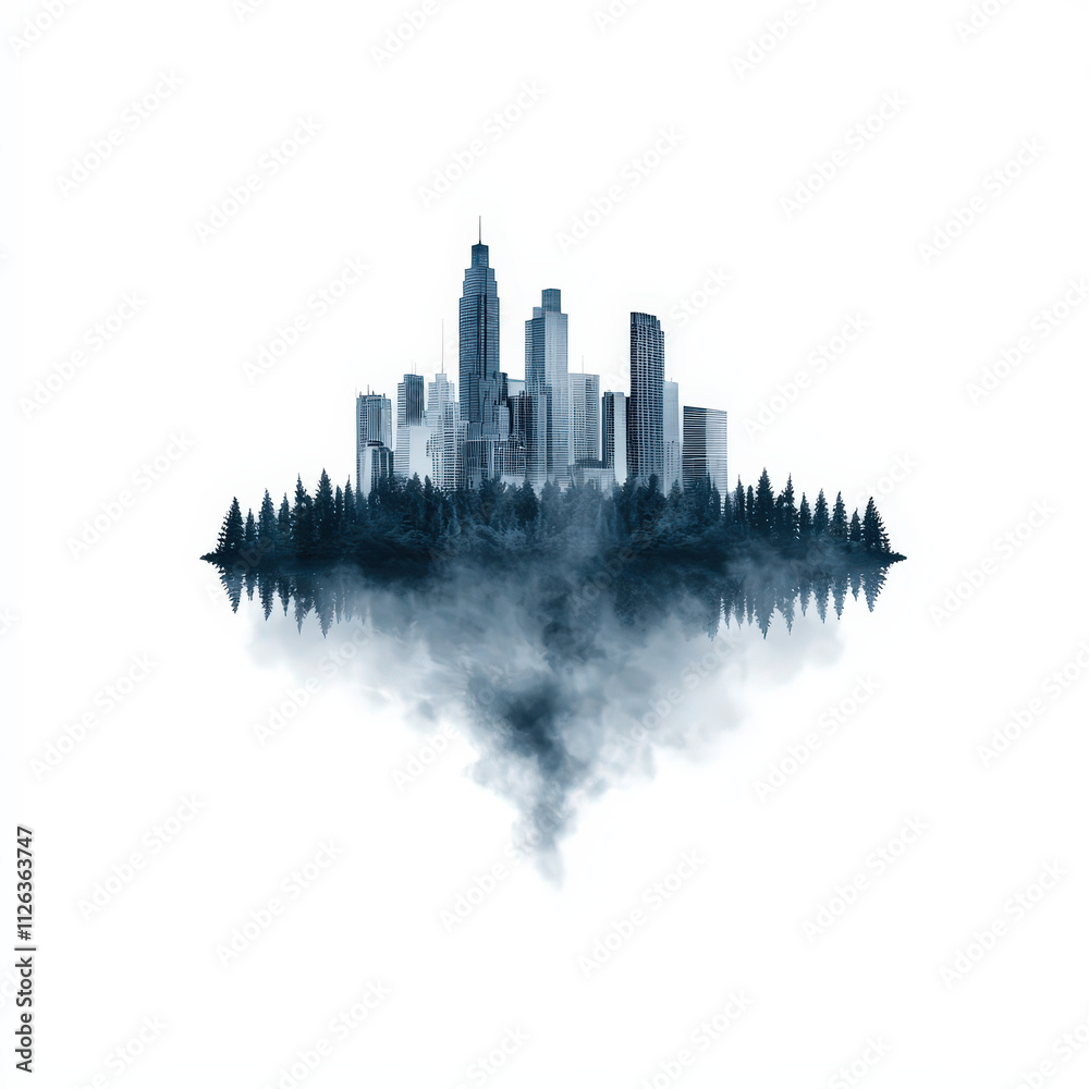 Obraz premium surreal cityscape blending urban skyscrapers with forest, creating dreamlike atmosphere. contrast between nature and architecture evokes sense of wonder and tranquility
