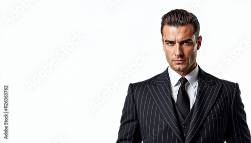 A sharp portrait of an Italian mafia man in a pinstriped suit, exuding authority and power.

 photo