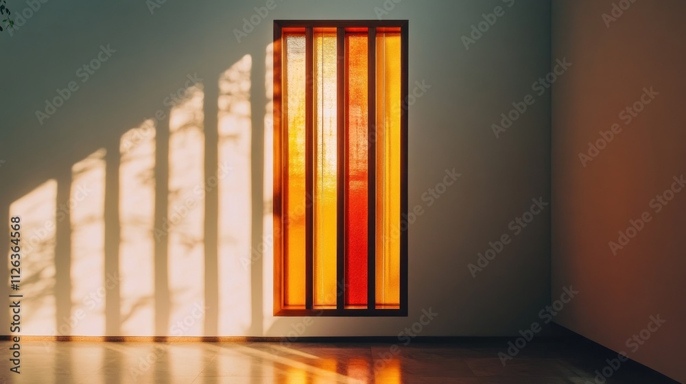 A colorful stained glass window casting warm light and shadows in a minimalist interior. A colorful stained glass window casting warm light and shadows in a minimalist interior.