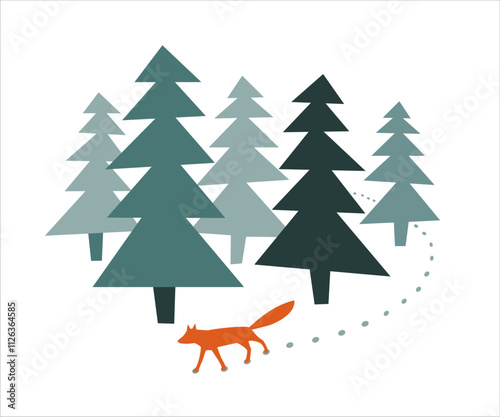 Fox in the forest, vector illustration.