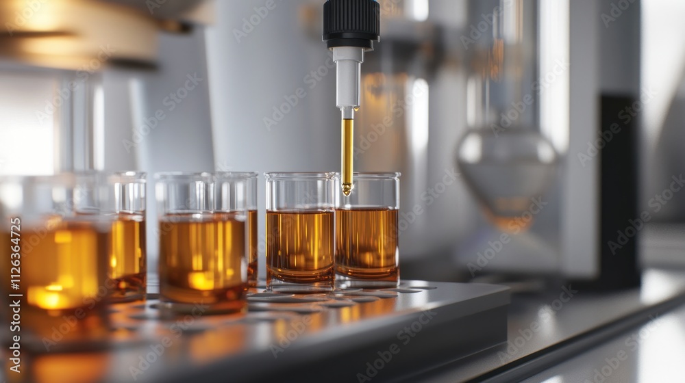 Laboratory scene with glass vials containing a liquid, showcasing scientific experimentation. Laboratory scene with glass vials containing a liquid, showcasing scientific experimentation.