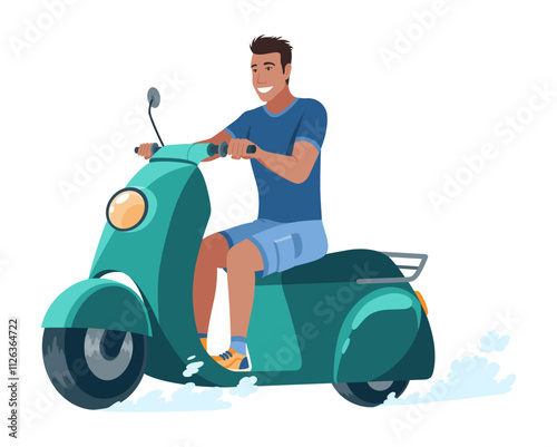 Man on motorbike. Riding or traveling by motorcycle, vacation. Trip concept, vector cartoon illustration