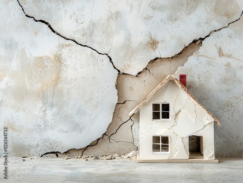 A miniature house sits in front of a cracked wall, highlighting structural damage and the need for repair.