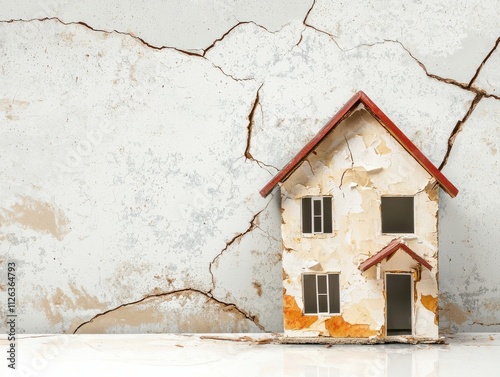 A cracked wall serves as a backdrop for a weathered model house, symbolizing neglect and the passage of time.