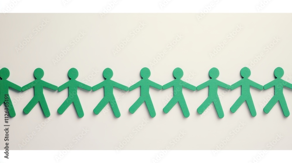 Green paper cutout people chain, symbolizing unity, teamwork and collaboration 