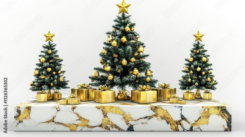 Elegant Christmas Scene With Gold Decorated Trees And Gifts Elegant Christmas Scene With Gold Decorated Trees And Gifts