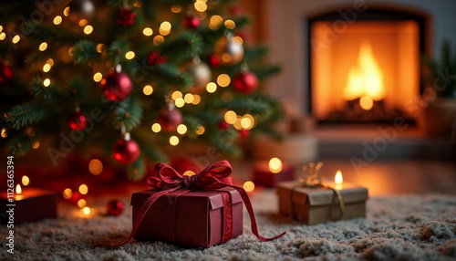 Present Below Christmas Tree With Garlands In Home Interior With Fireplace And Star - Abstract Defocused Lights