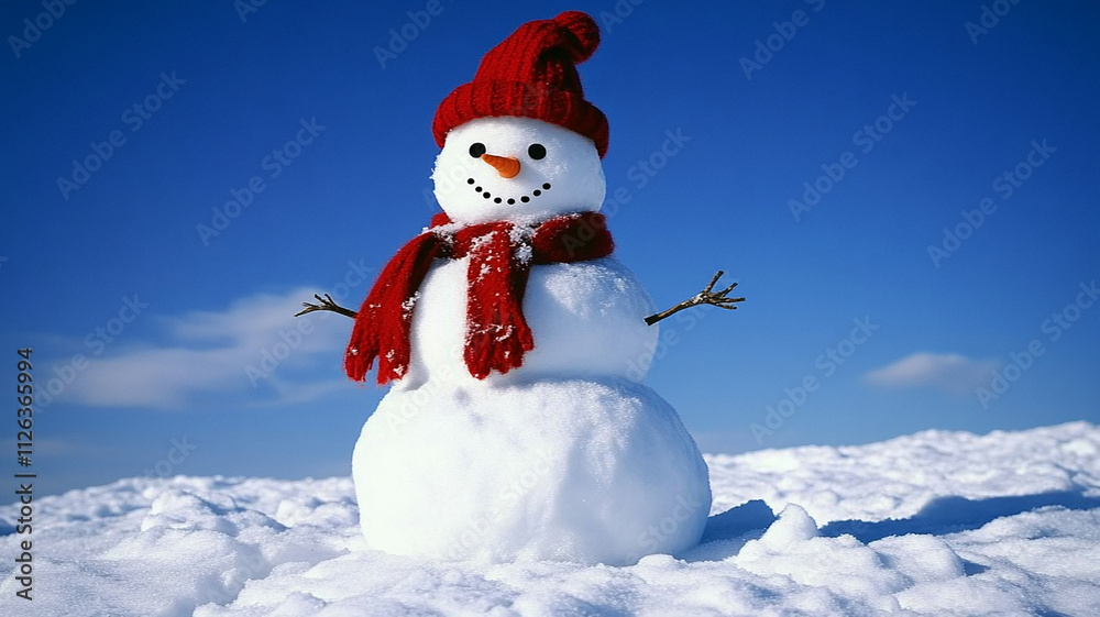 Fototapeta premium An amusing snowman, adorned with a trendy red hat and red scarf, graces a snow-covered field with a backdrop of brilliant blue skies