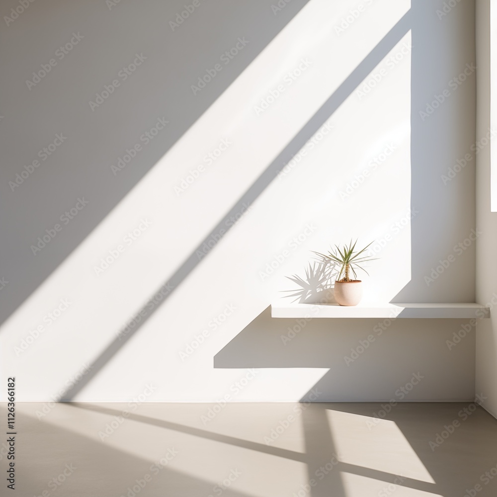 A minimalist composition of strong geometric shadows cast on a clean, white wall by sunlight streaming through a window, Generative Ai A minimalist composition of strong geometric shadows cast on a clean, white wall by sunlight streaming through a window, Generative Ai