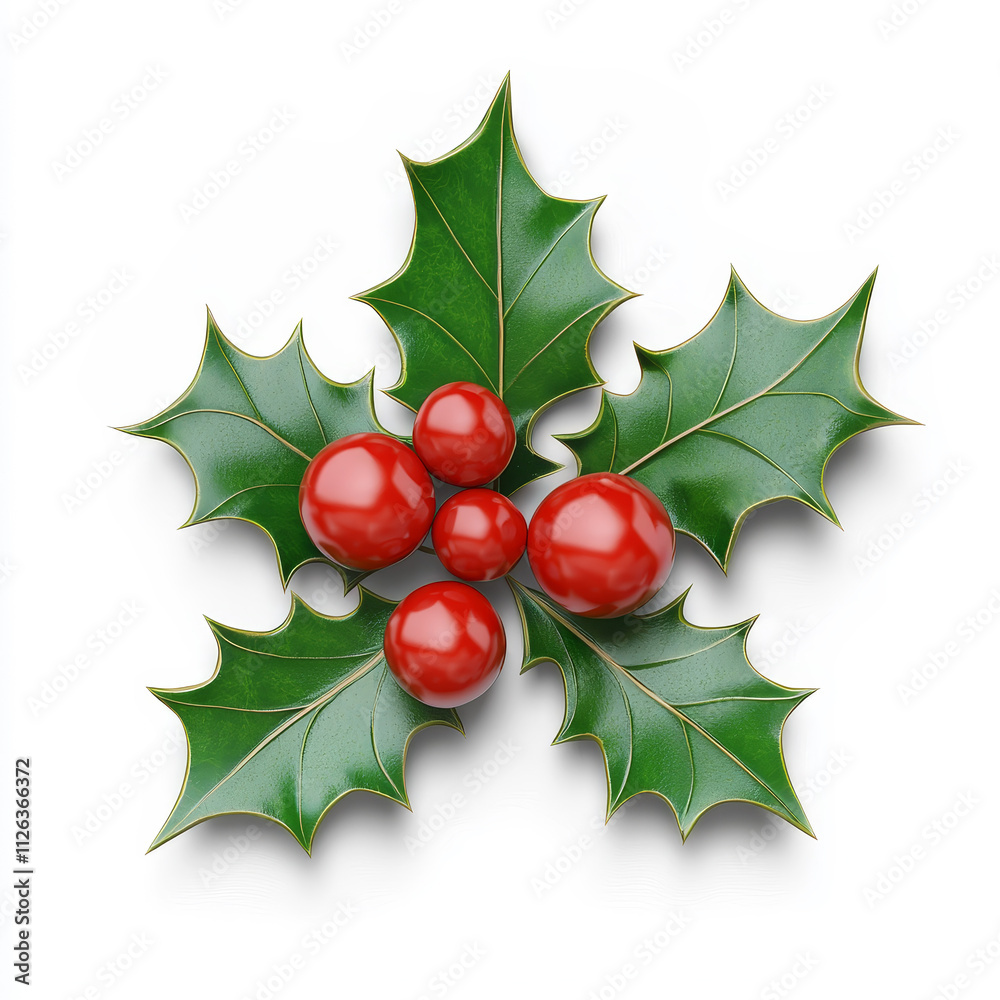 3D-Rendered Holly Leaf with Glossy Red Berries on White Background 3D-Rendered Holly Leaf with Glossy Red Berries on White Background
