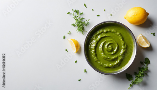 Chermoula Sauce in Rustic Style in Green Tones with Copy Space for Text on Food Recipes photo