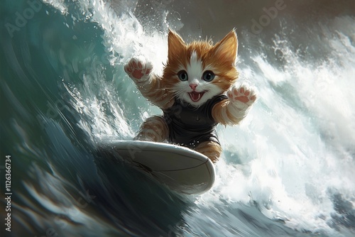 A playful cat surfs on a wave in a bright ocean setting, showcasing its adventurous spirit photo