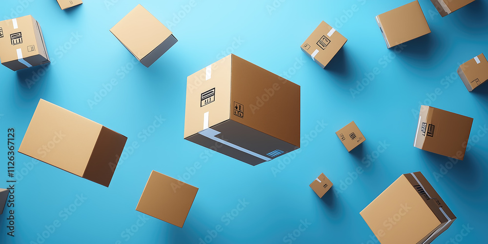 Bunch of cardboard boxes are flying in the air Bunch of cardboard boxes are flying in the air
