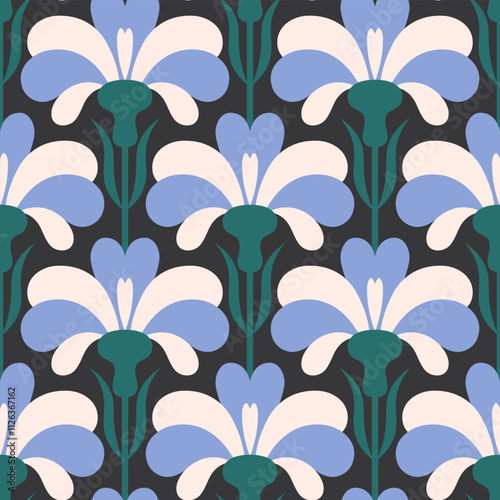 Folk floral seamless pattern. Traditional slavic scandinavian ornament with rustic embroidery motifs. Clean flat minimal geometric shapes in unique reflected elegant print.