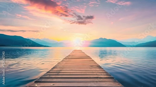Serene sunset over tranquil lake with wooden pier and mountains