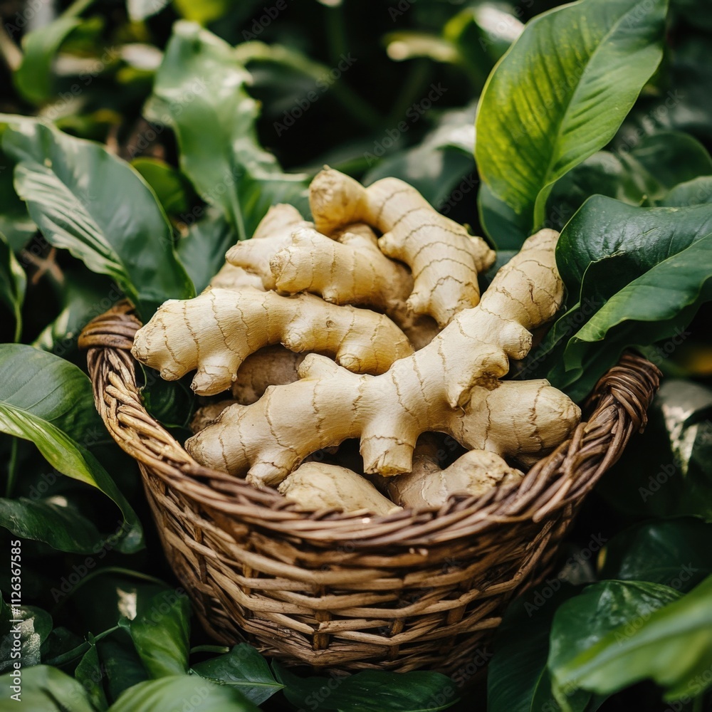 fresh ginger roots in a woven basket surrounded by green leaves fresh ginger roots in a woven basket surrounded by green leaves