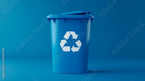 Blue Trash Can with Recycling Symbol on Solid Background - Minimalistic Design with Lid and Handle, Simple and Elegant Concept