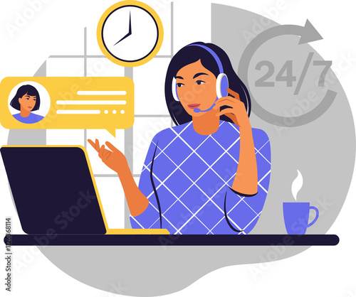 Customer service concept. Woman with headphones and microphone with laptop on transparent background. Support, assistance, call center.