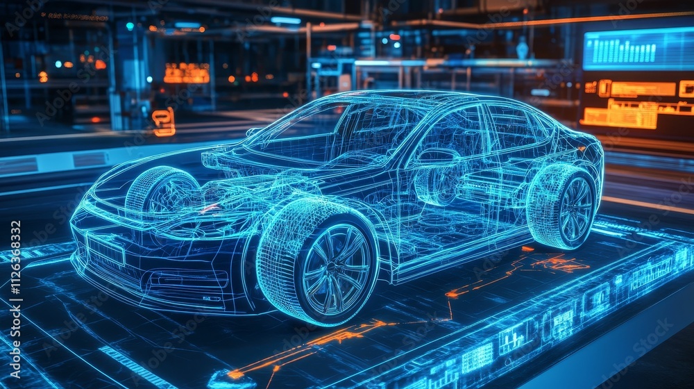 Wireframe car model, digital platform, glowing blue. Wireframe car model, digital platform, glowing blue.