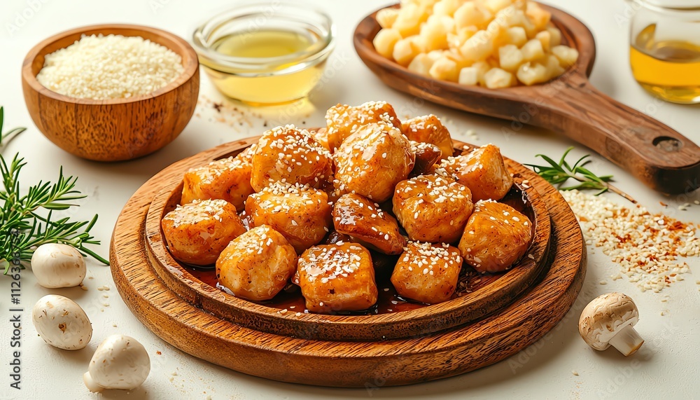 Delicious golden crispy fried snacks served on a wooden platter with condiments. Delicious golden crispy fried snacks served on a wooden platter with condiments.