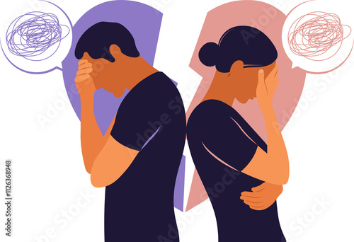 Concept of divorce, misunderstanding in family. Disagreement, relationship troubles. Man and woman in a quarrel. Conflicts between husband and wife.