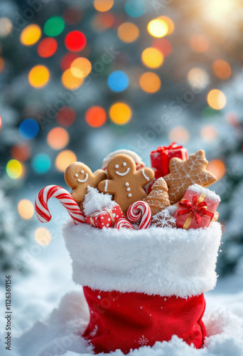 A festive Christmas stocking filled with treats, surrounded by snow and holiday lights.

 photo