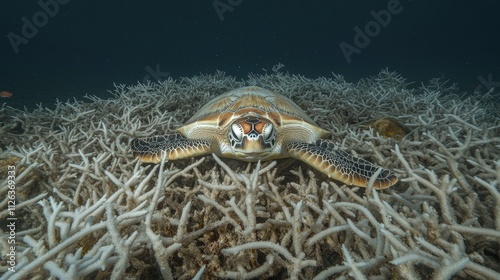 A detailed underwater shot of coral structures with sea turtles and fish, emphasizing ecological richness. photo