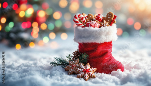 A festive Christmas stocking filled with treats, surrounded by snow and holiday lights.

 photo