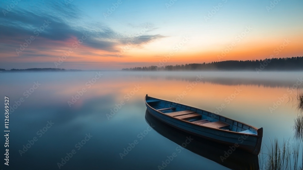 Tranquil lake sunrise calm boat reflection nature serene misty water Tranquil lake sunrise calm boat reflection nature serene misty water