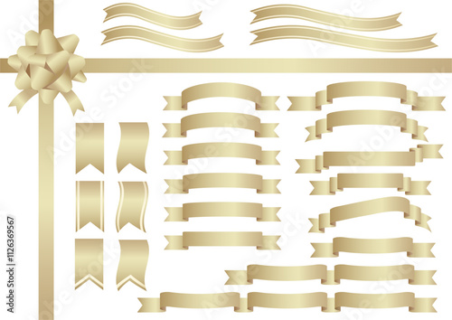 Vector Champagne Gold Ribbon Illustrations Set Isolated On A White Background, 