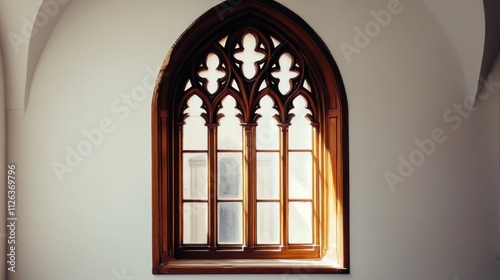 A gothic-style window with intricate wooden framing, allowing natural light to enter.