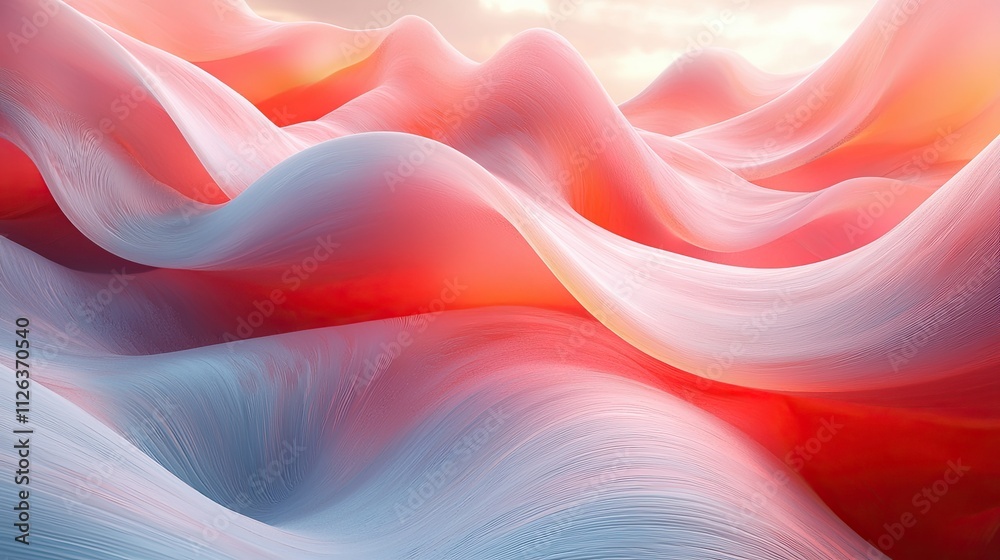 Fototapeta premium Colorful abstract landscape with flowing curves resembling waves at sunset