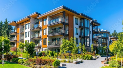 Modern apartment building with landscaped grounds.