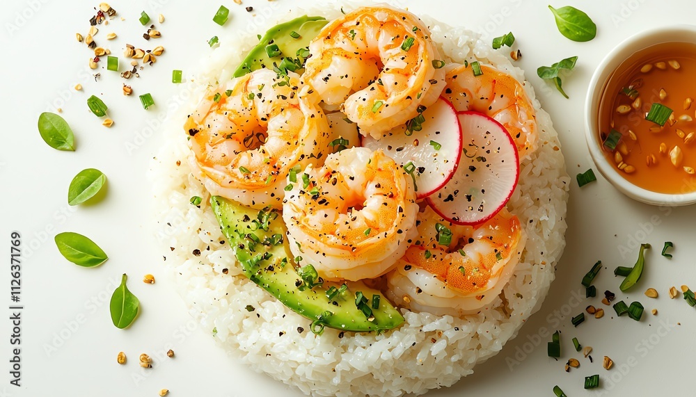 Delicious shrimp served on rice with fresh vegetables and dipping sauce, perfect for sushi lovers. Delicious shrimp served on rice with fresh vegetables and dipping sauce, perfect for sushi lovers.