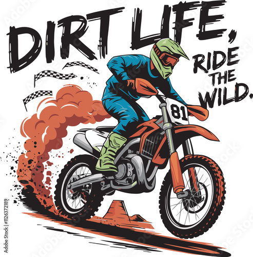 A vibrant graphic illustration of a dirt bike t-shirt design for dtf, dtg and sublimation print