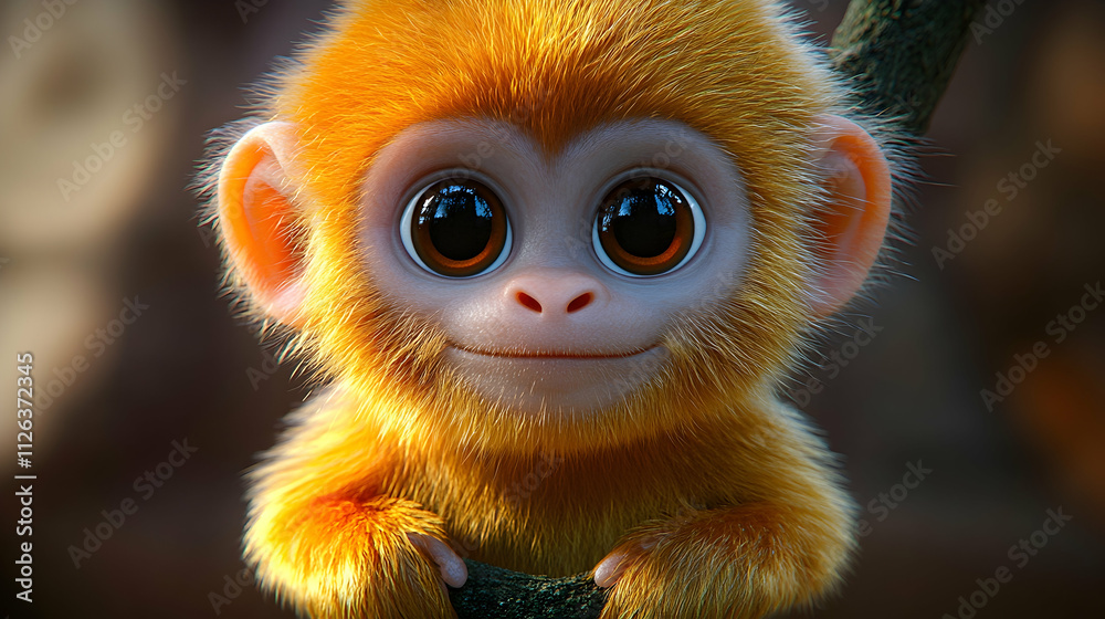 Fototapeta premium Adorable golden monkey baby with big eyes, clinging to a branch.