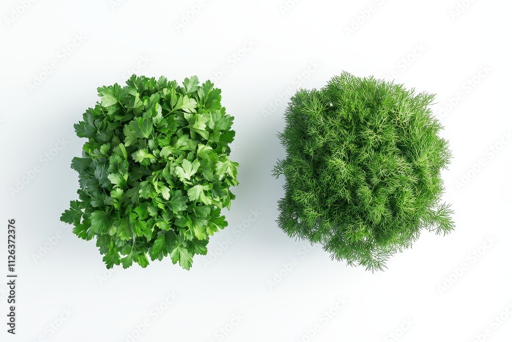 Fresh herbs in contrasting shapes, showcasing cilantro and dill for culinary use and decoration Fresh herbs in contrasting shapes, showcasing cilantro and dill for culinary use and decoration