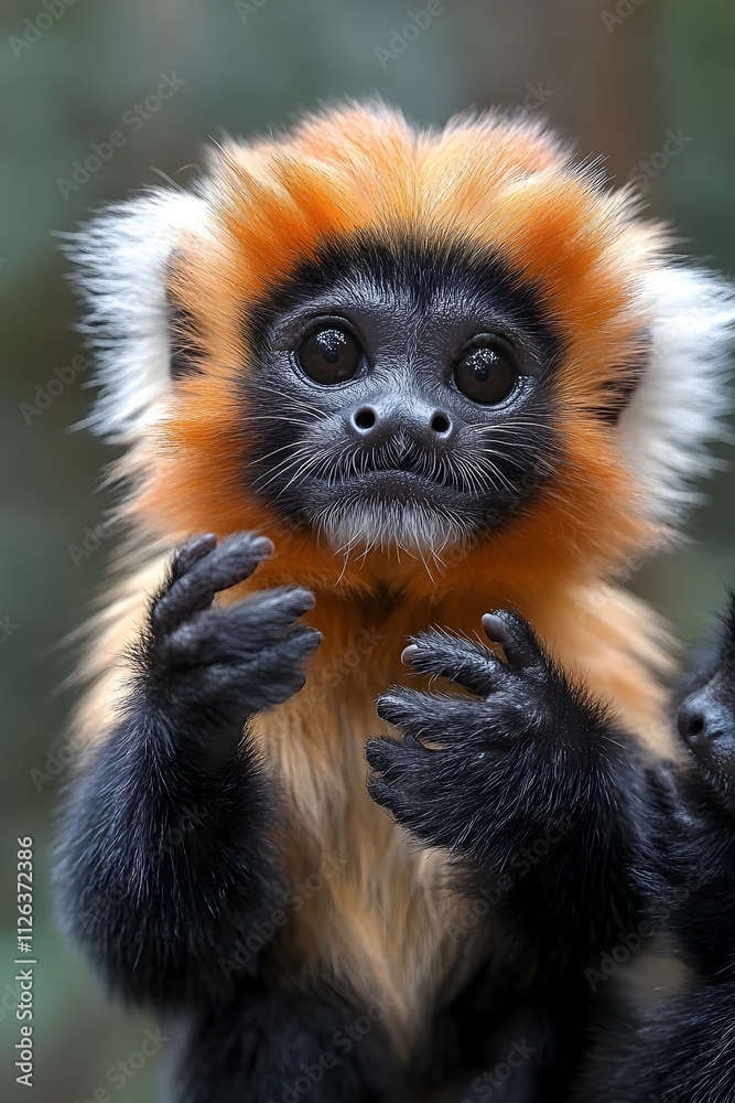 Adorable golden langur monkey portrait, close-up.