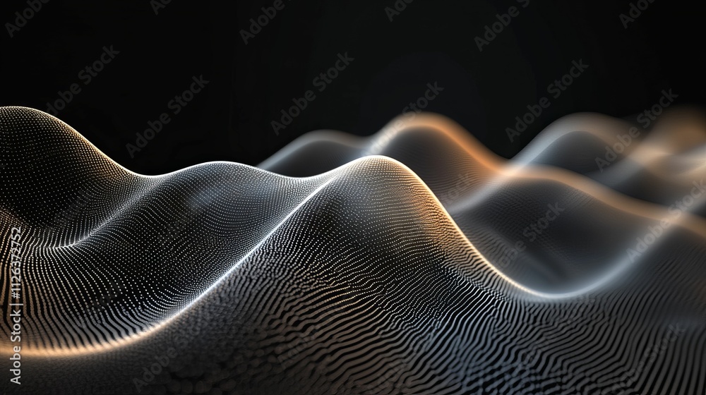 Obraz premium Abstract waves of illuminated dots, dark background.