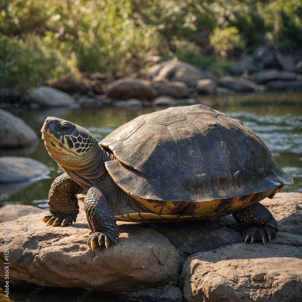 A giant river turtle resting on a rock in the sun. A giant river turtle resting on a rock in the sun.