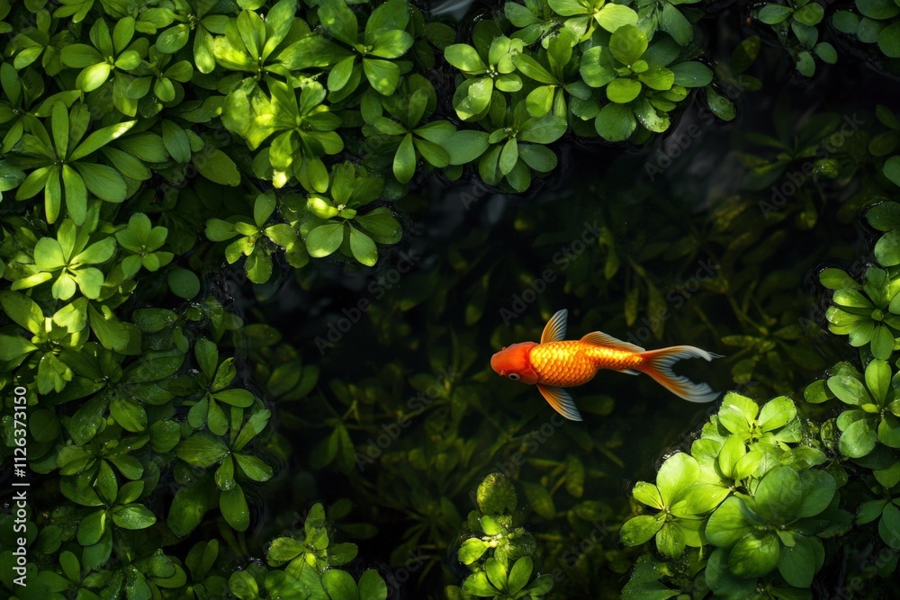 goldfish swimming in a lush green pond goldfish swimming in a lush green pond