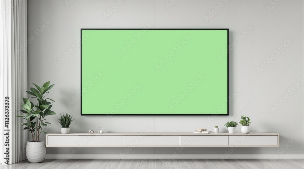 TV Set with Green Screen Mock Up Display White wall Modern home TV Set with Green Screen Mock Up Display White wall Modern home