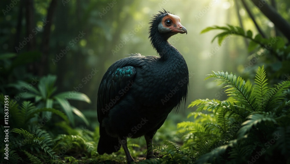 Fototapeta premium Majestic and Enigmatic Jungle Bird Amidst Lush Greenery in a Mystical Forest Setting