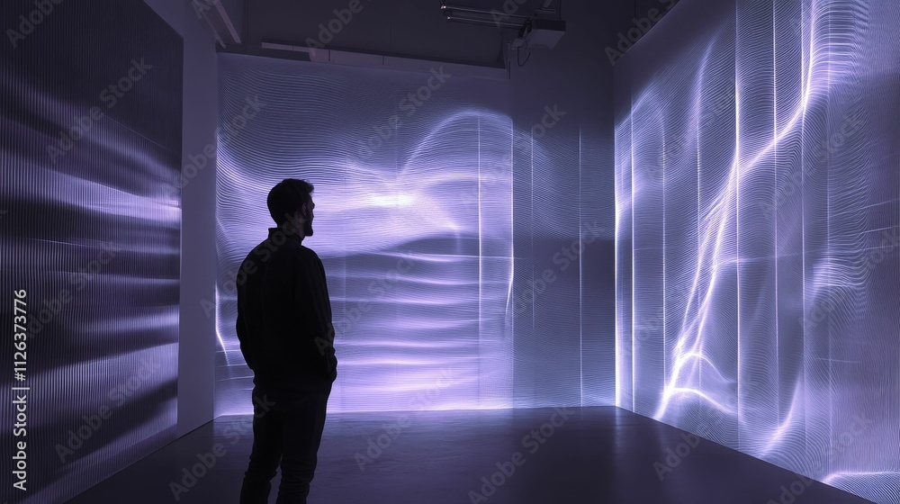 Person observes illuminated wavy room. Person observes illuminated wavy room.
