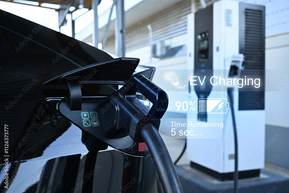An electric car plugged into a charging station, displaying digital interface with battery progress An electric car plugged into a charging station, displaying digital interface with battery progress