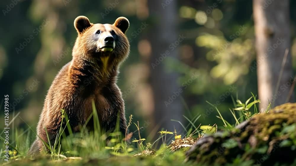 A European brown bear stands and looks attentively into the distance in a lush forest setting, surrounded by green foliage. A European brown bear stands and looks attentively into the distance in a lush forest setting, surrounded by green foliage.