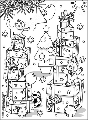Coloring page, sign, poster, greeting card or banner with plenty of presents, cat and teddy bear. Christmas, New Year, winter holidays.
